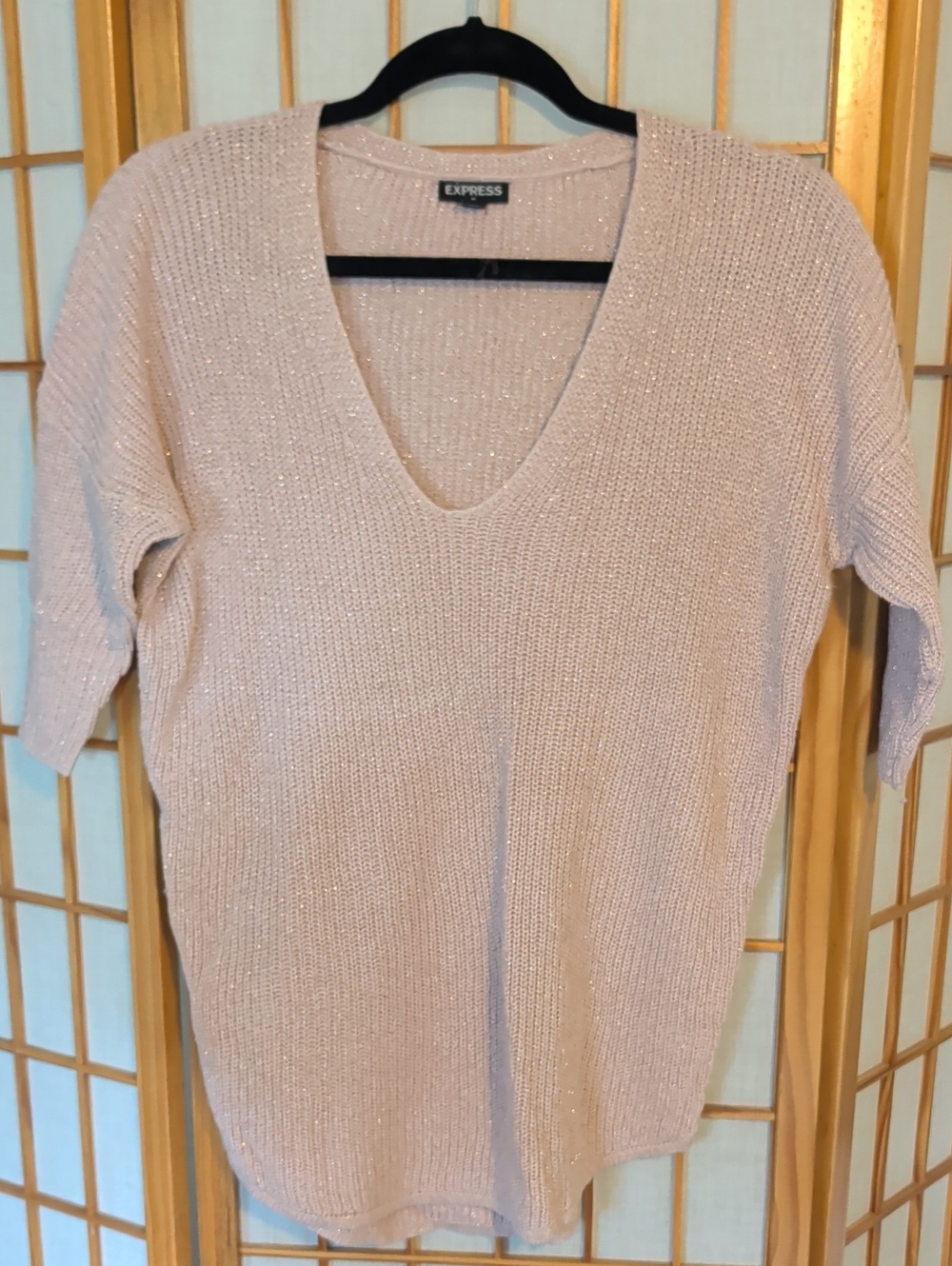 Express Pale Pink Sparkle V-Neck Knit Top